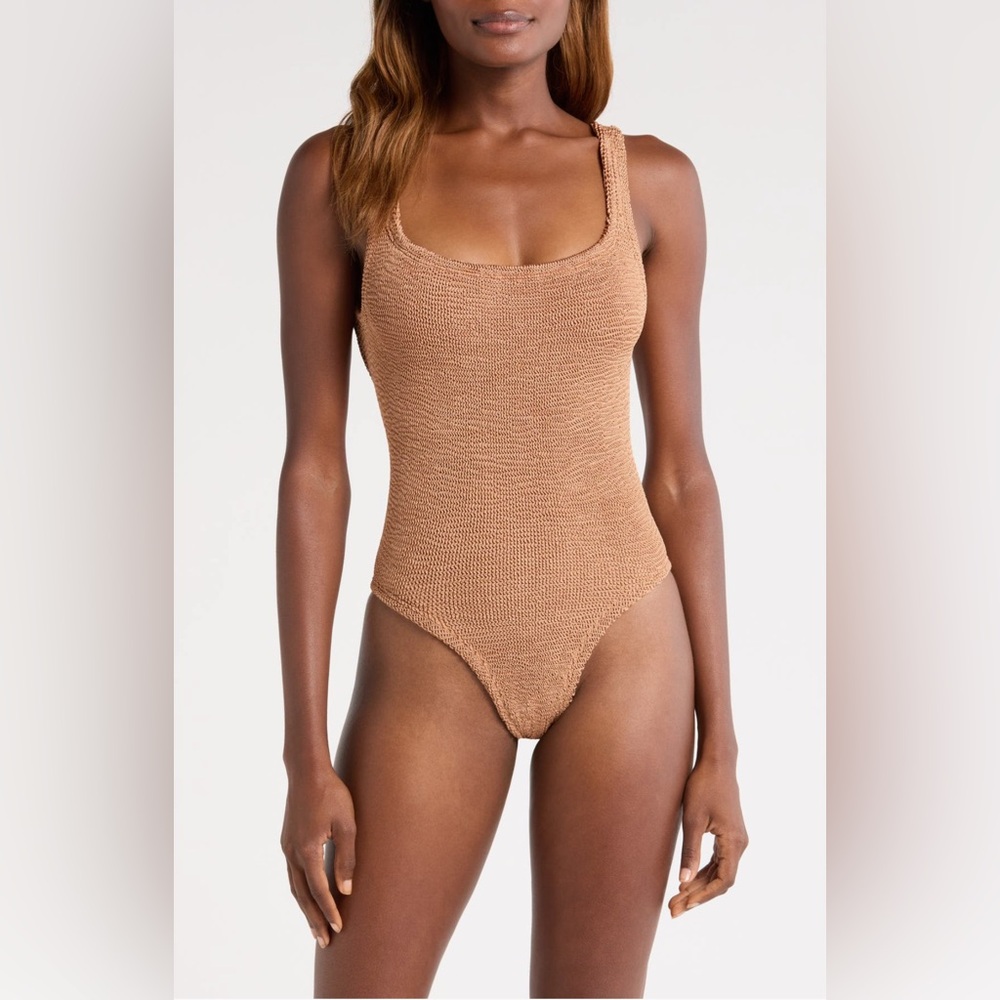 HUNZA G SQUARE NECK ONE-PIECE SWIMSUIT, Metallica Cocoa, BRAND NEW, $240